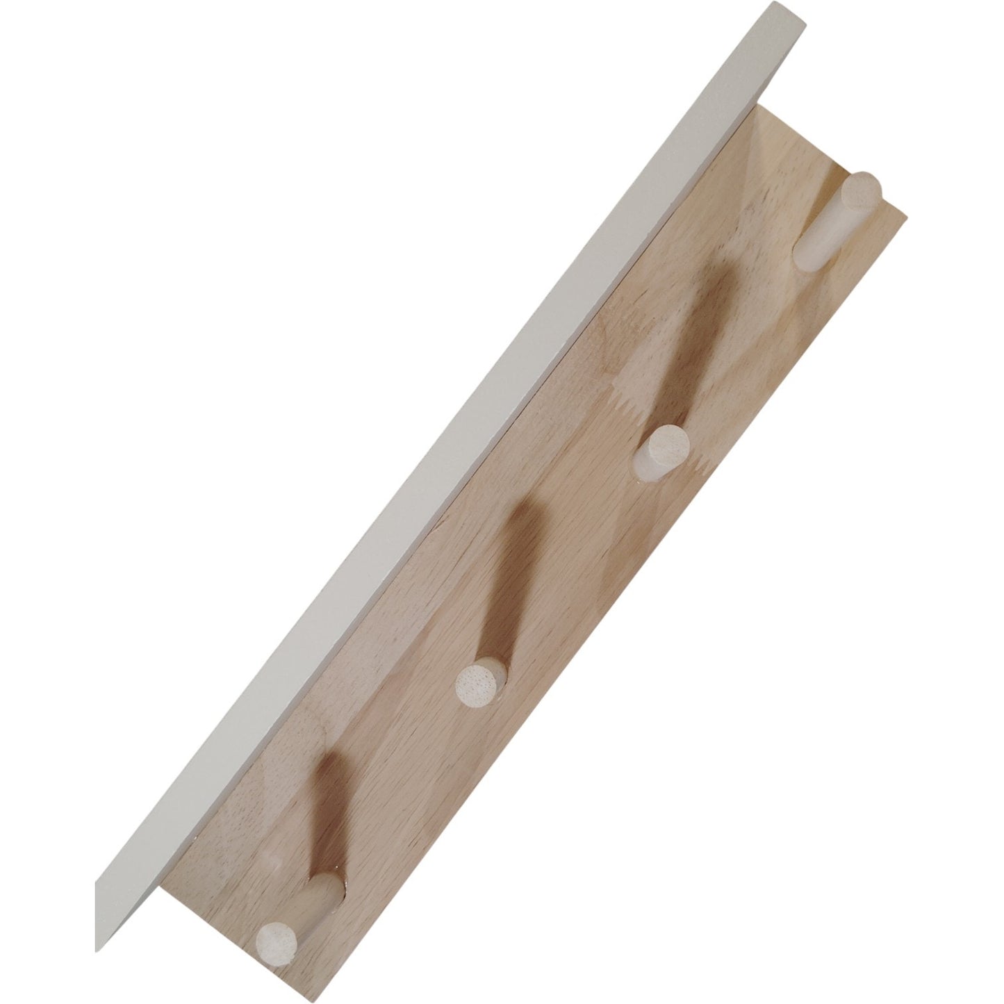 Natural Wood Wall-Mounted Coat Rack – 4 Pegs, Whitewashed Shelf Surface – 13" x 3" x 3"