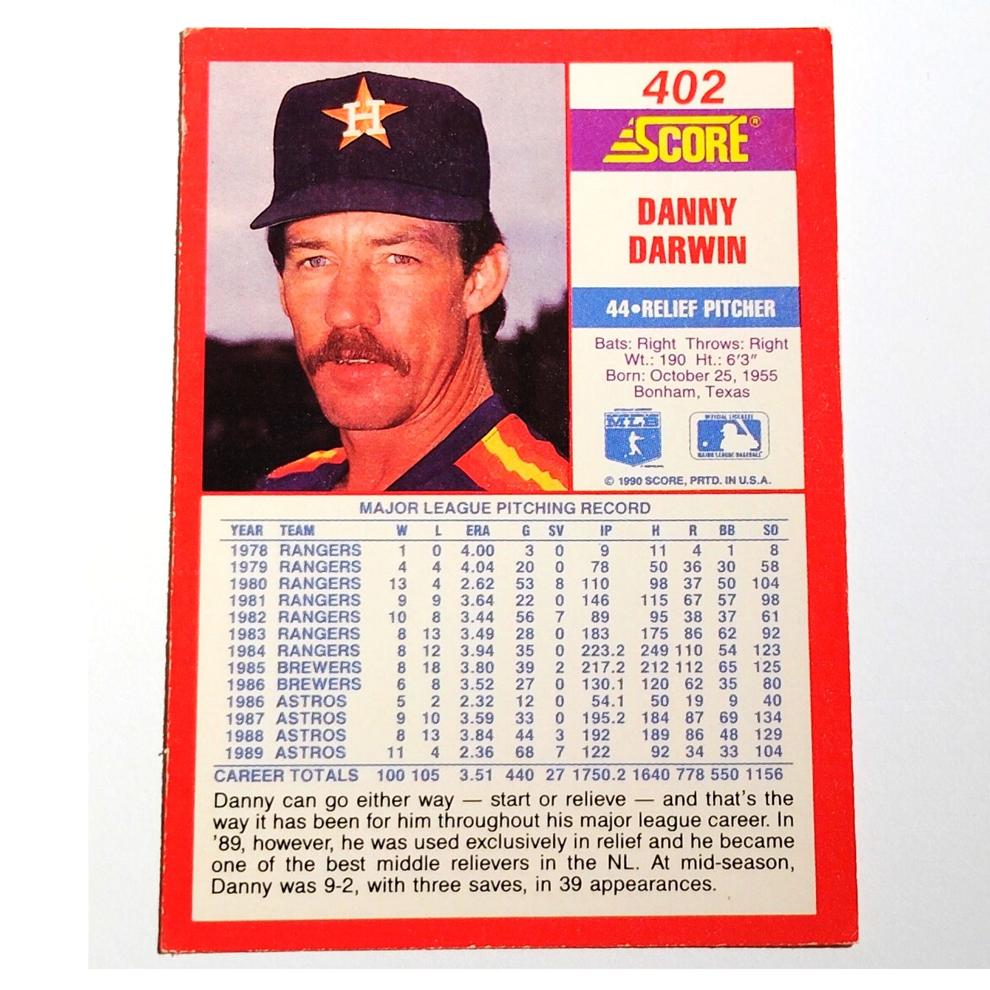1990 Score Danny Darwin #402 Houston Astros Relief Pitcher MLB Baseball EX