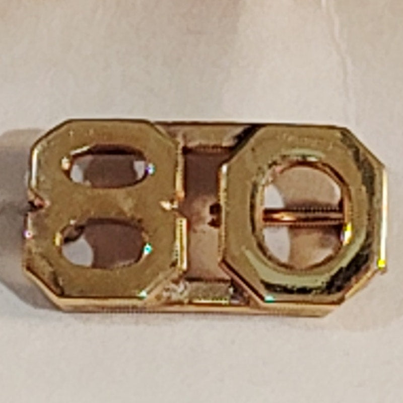 Early/Mid 1900s Brass C-Clasp "80" Collar Devices 3/8"H Hat / Lapel Pins Set