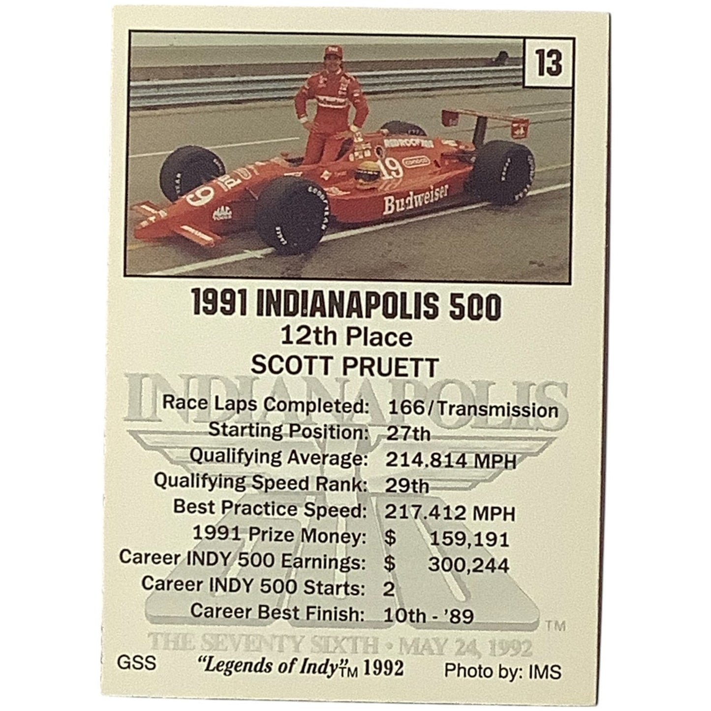 Scott Pruett 12th Place Finish, 1991 Action, 1992 Legends of Indy Card 13, NM+