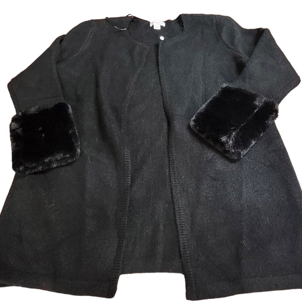 Liz Claiborne L/S Cardigan Sweater, Fur Trim Sleeves, Black, L (12-14)