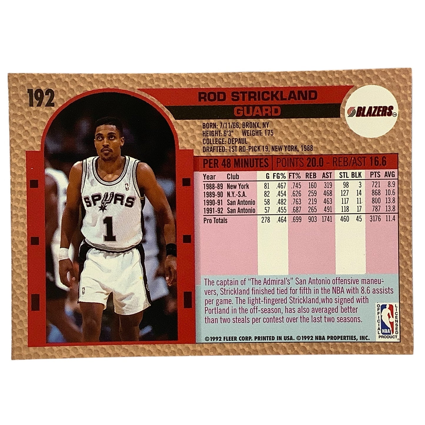 Rod Strickland (F), Card #192, Portland Trail Blazers, 1992-93 Fleer NBA