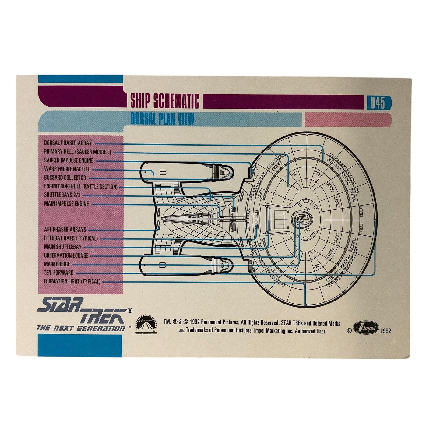 Ship Schematic Dorsal Plan View, Star Trek, TNG, 1992, Impel Card No.45
