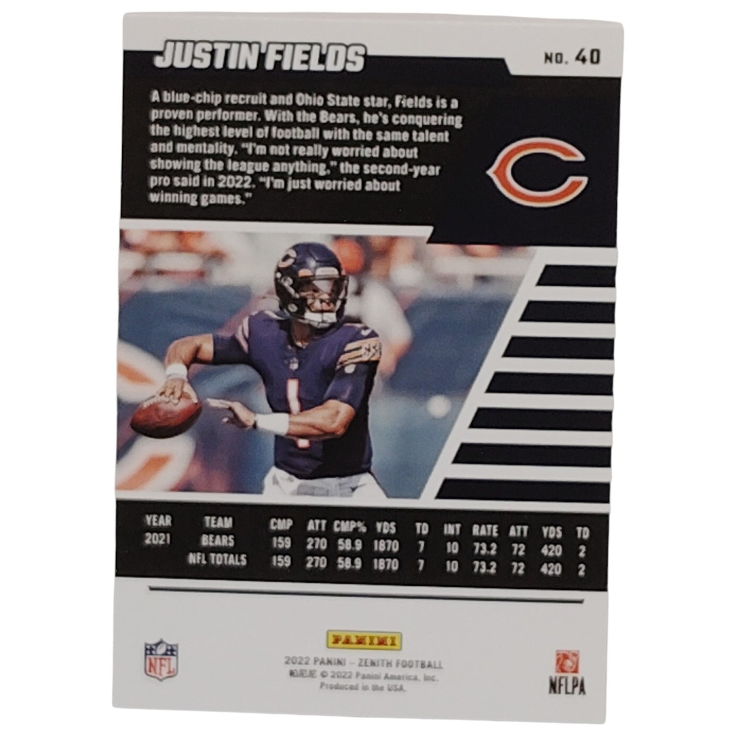 Justin Fields, Chicago Bears, NFL 2022 Panini-Zenith Card 40, EX/NM