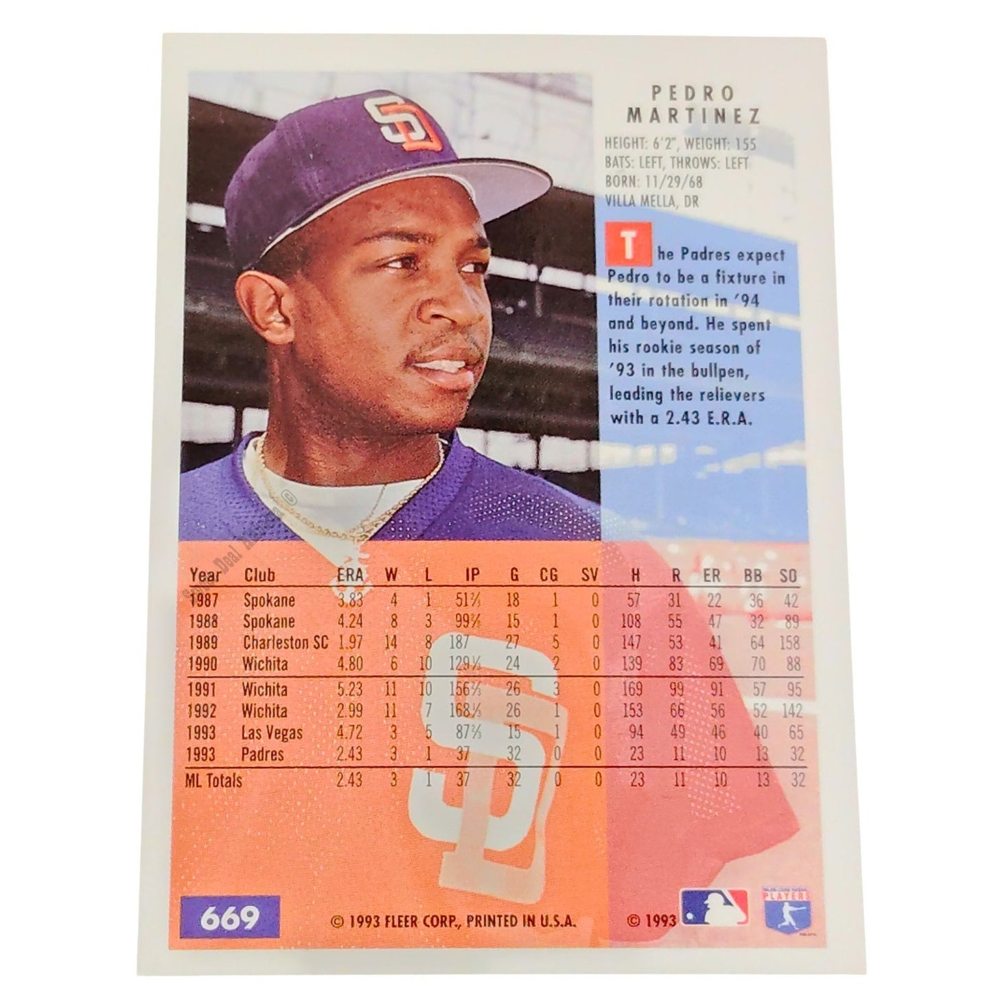 Pedro Martinez, San Diego Padres, #669, 1994 Fleer Baseball Collector's Card