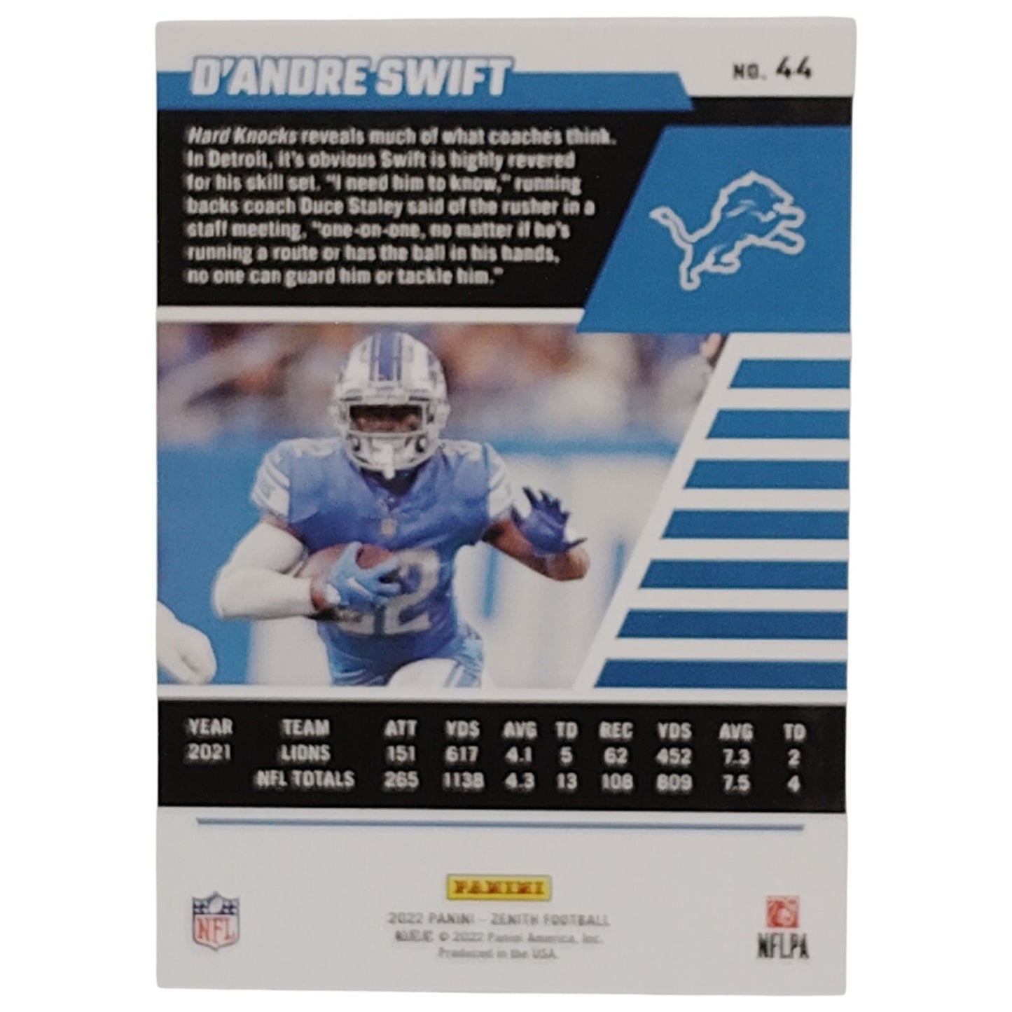 D'Andre Swift, Detroit Lions, NFL 2022 Panini-Zenith Card 44, EX/NM