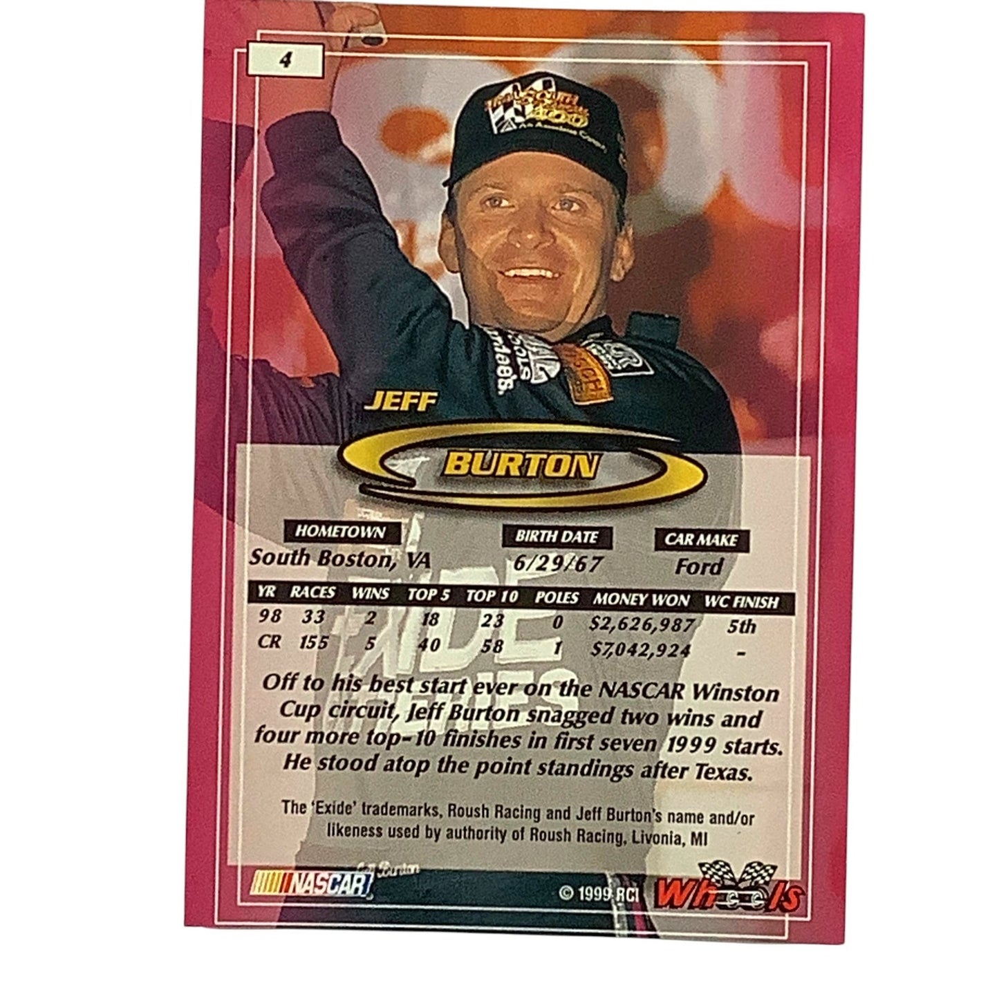 Jeff Burton, Sponsor: Exide Batteries, Card 4 1999 Wheels NASCAR Winston Cup NM+