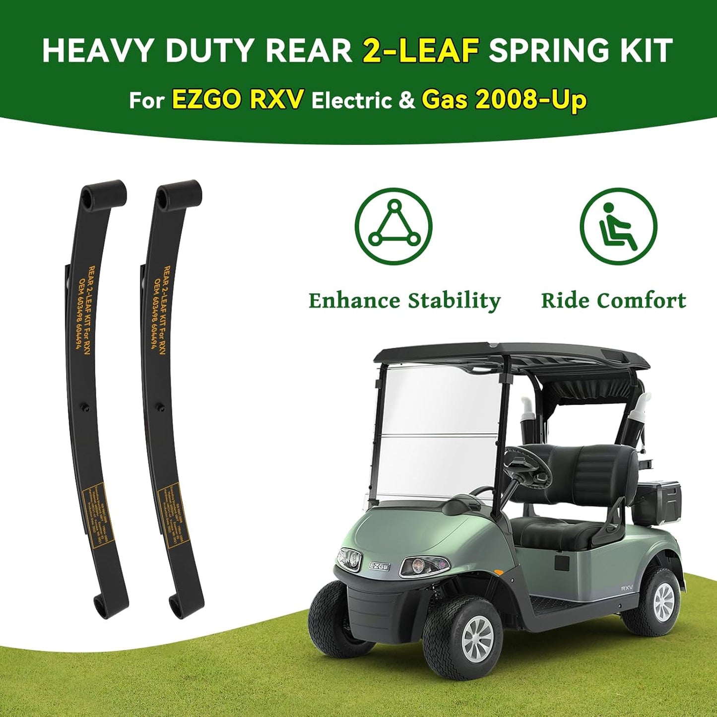 Rear 2-Leaf Spring Kit Fits EZGO RXV 2008+, 603498 604494 w/ Bushings & U-Bolts