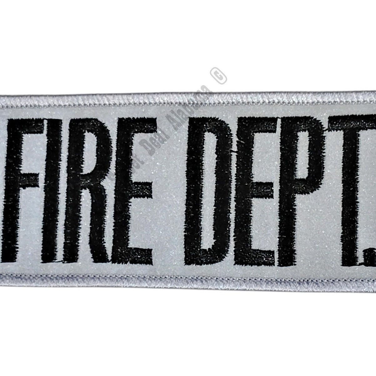 NOS, Fire Dept., Black Text on Silver, Iron or Sew-On Embroidered Patch, 4"W x 2"H