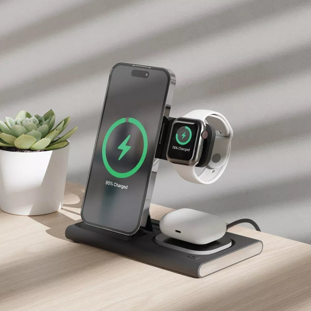 3-in-1 Portable Wireless Charger – Black – USB-C, 15W Output, Apple Watch/AirPods/iPhone Compatible