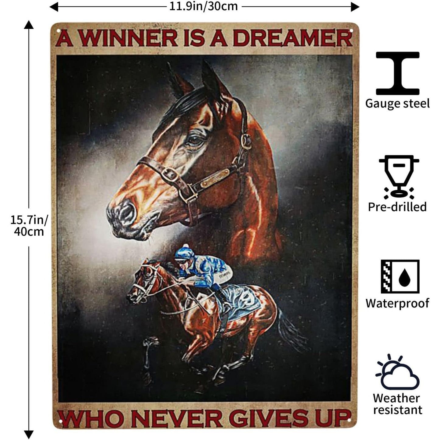 Horse Riding Tin Sign “A Winner Is a Dreamer Who Never Gives Up”, Vintage Metal Wall Plaque 12"x16"