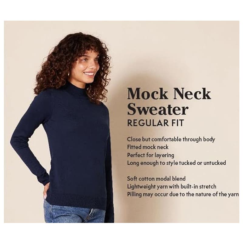 Women's Lightweight Mockneck Sweater, Black, Small (Cotton, Modal, Poly)