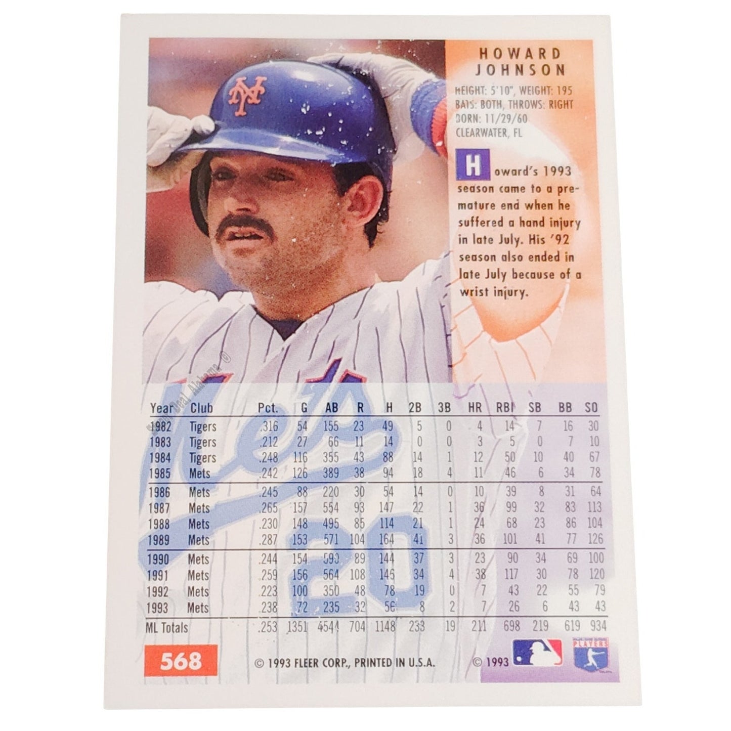 Howard Johnson, New York Mets, #568, 1994 Fleer Baseball Collector's Card
