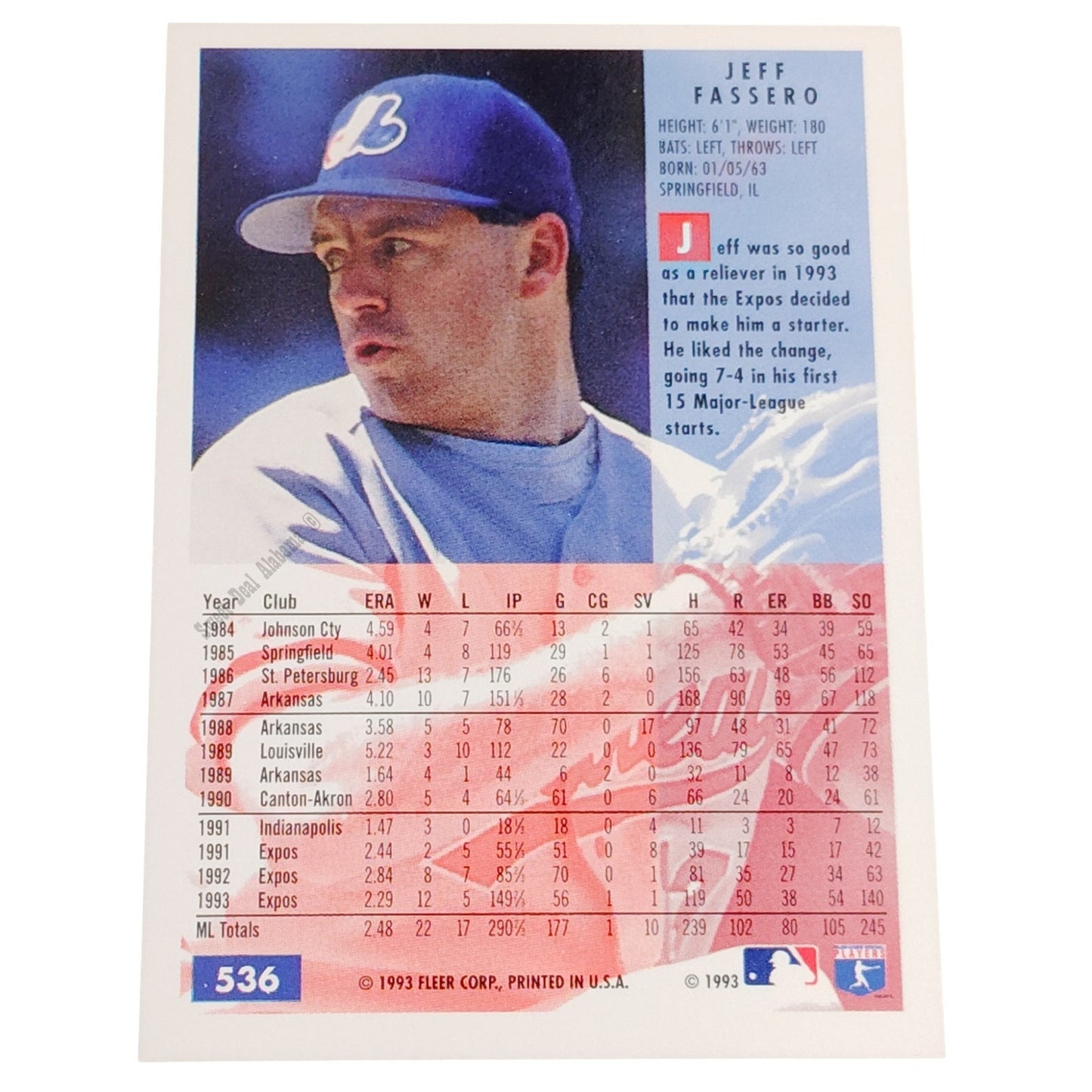 Jeff Fassero, Montreal Expos, #536, 1994 Fleer Baseball Collector's Card