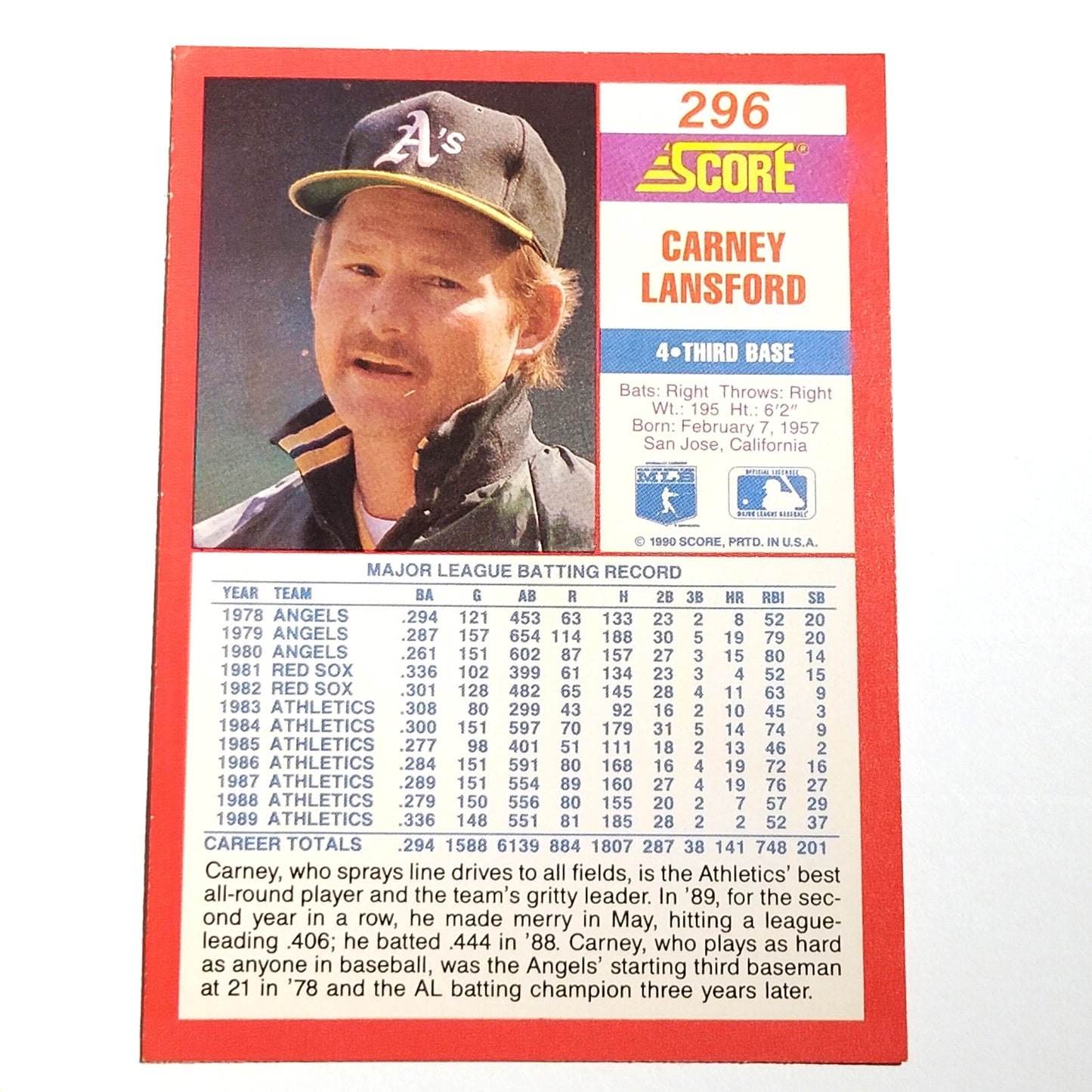 1990 Score Carney Lansford #296 Oakland Athletics Third Baseman MLB EX
