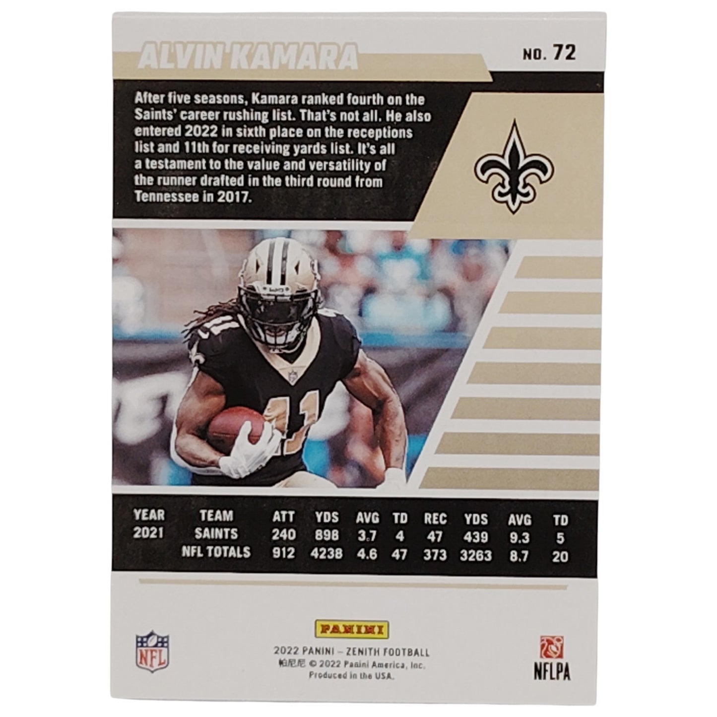 Alvin Kamara, New Orleans Saints, NFL 2022 Panini-Zenith Card 72, EX/NM