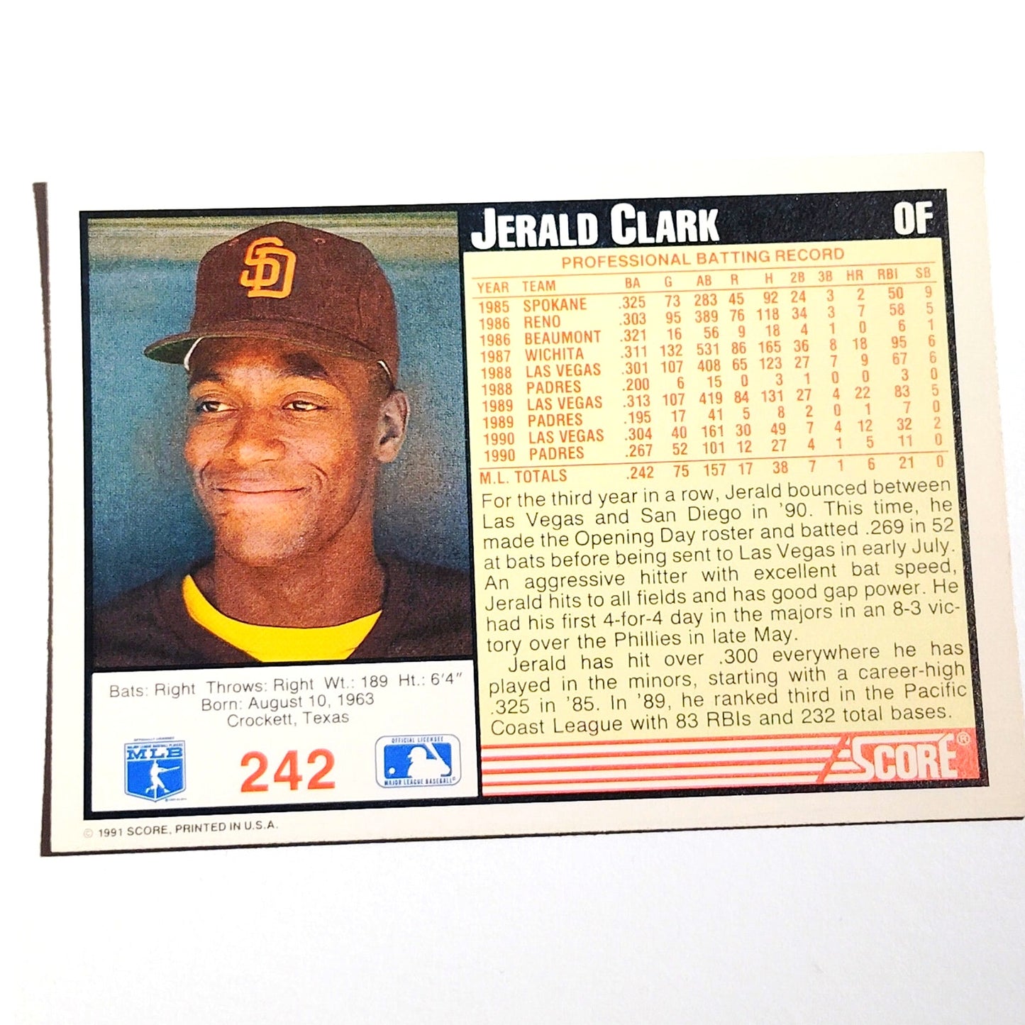 1991 Score Jerald Clark #242 San Diego Padres Outfielder MLB Baseball Card NM