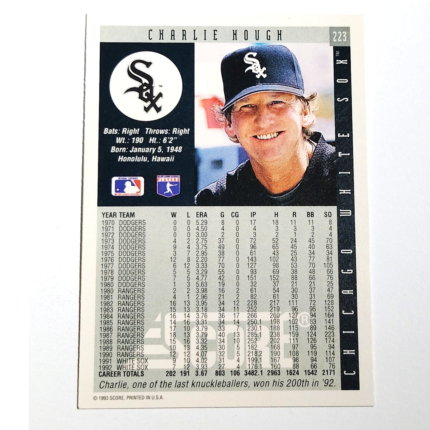 1993 Score Charlie Hough #223 Florida Marlins Pitcher MLB Baseball Card NM