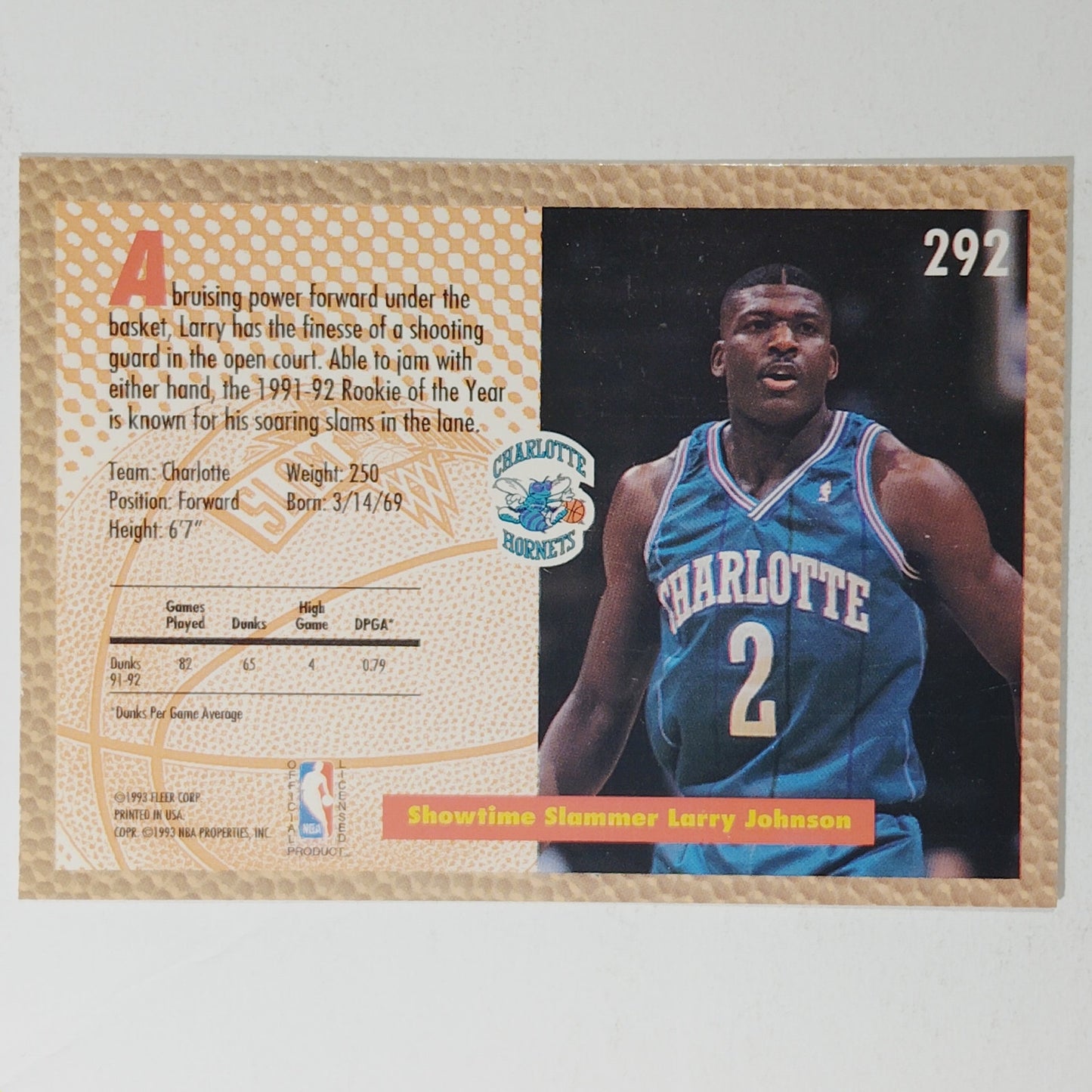 1992-93 Fleer Larry Johnson Card No. 292 – Slam Dunk – Hornets – VG/EX