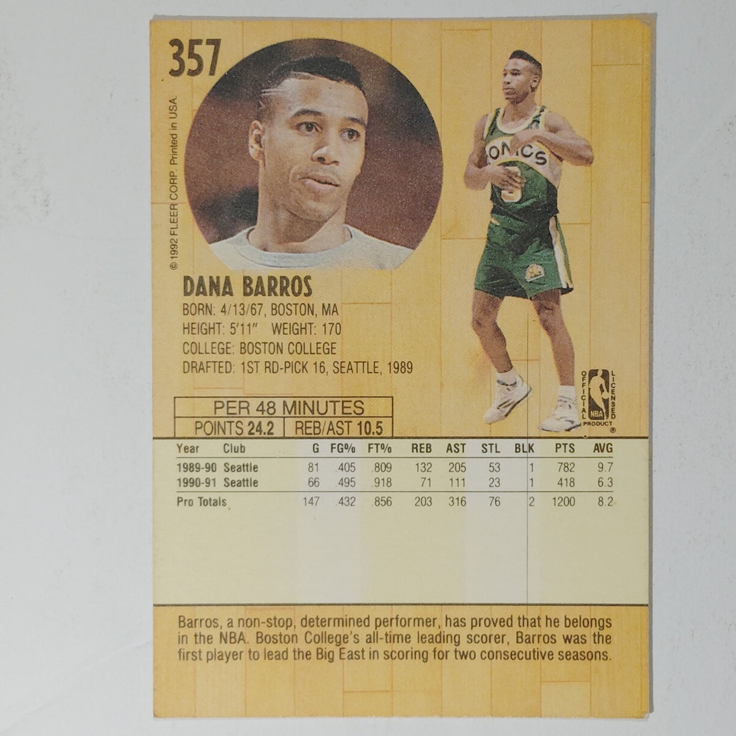 1991–92 Fleer Dana Barros #357 – Seattle SuperSonics – Guard – VG/EX