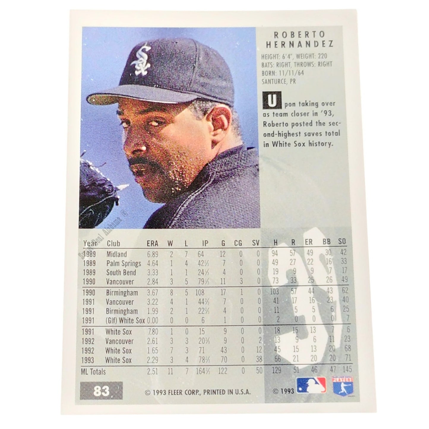 Roberto Hernandez, Chicago White Sox, #83, 1994 Fleer Baseball Collector's Card