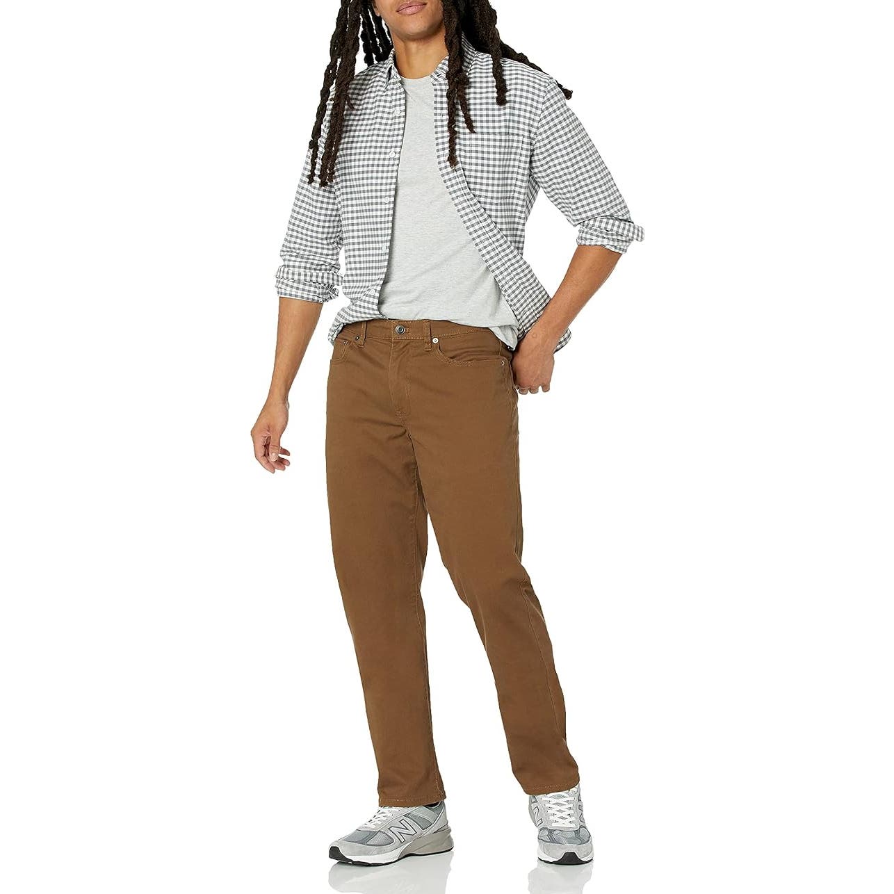 Mens Straight-Fit 5-Pocket Stretch Twill Pant, Brown, 34W x 28L, Cotton/Spandex