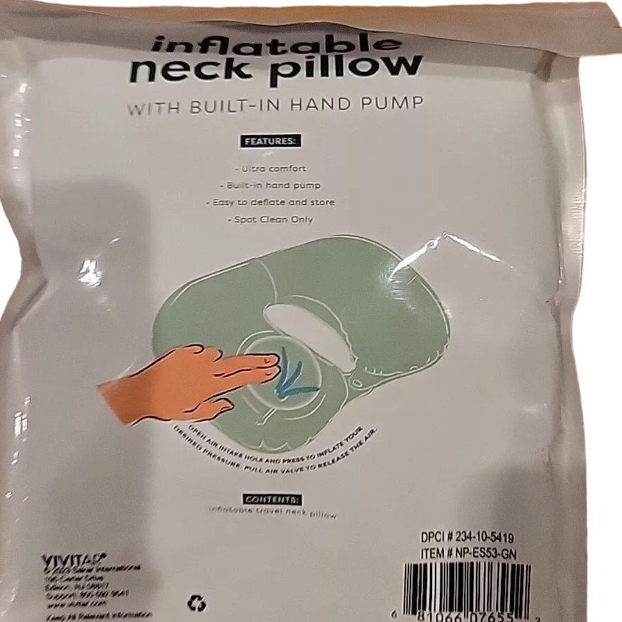 Vivitar Inflatable Neck Pillow w/ Built-in Hand Pump, GRN - Car / Plane / Train