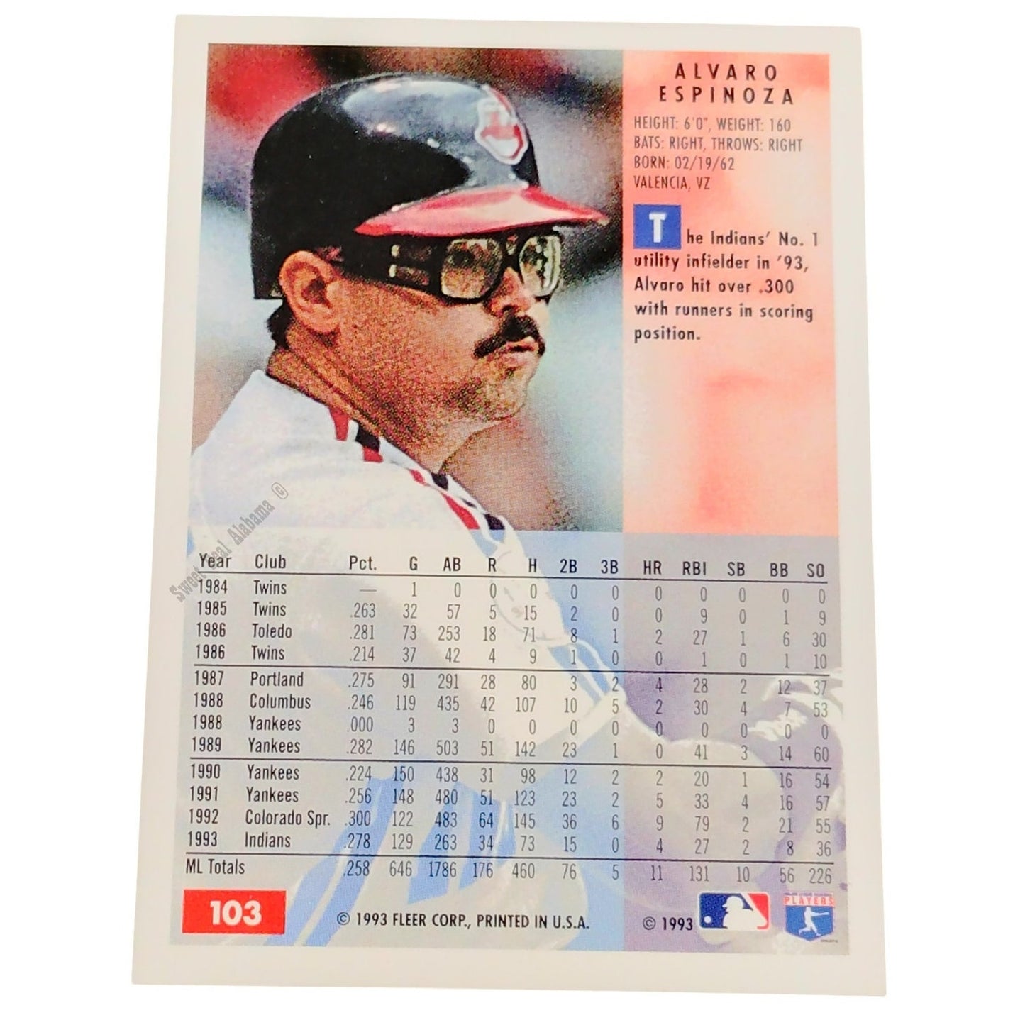 Alvaro Espinoza, Cleveland Indians #103, 1994 Fleer Baseball Collector's Card