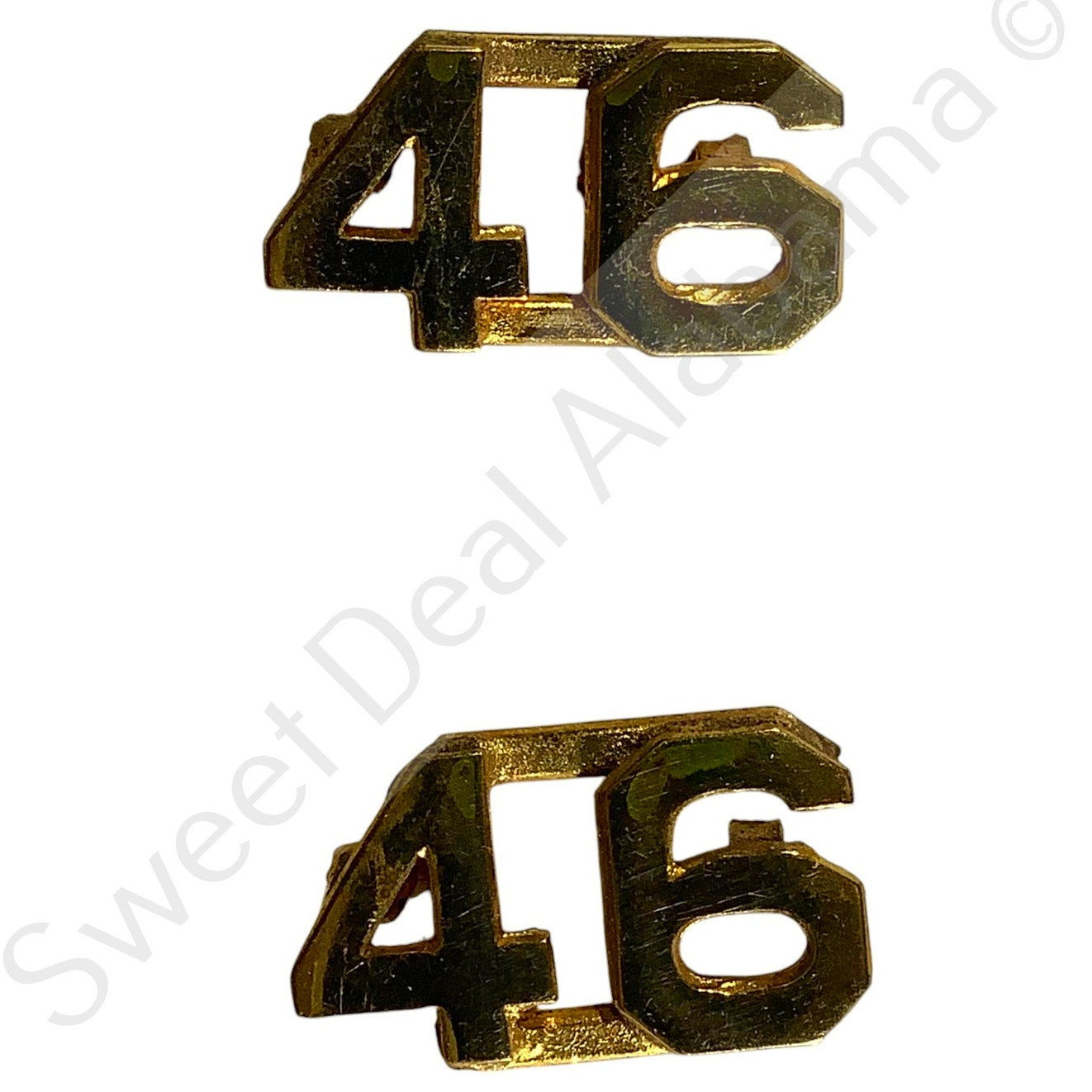 c.1940s Numeric "46", Brass Military C-Clasp Hat / Collar Pins Set 3/8"H