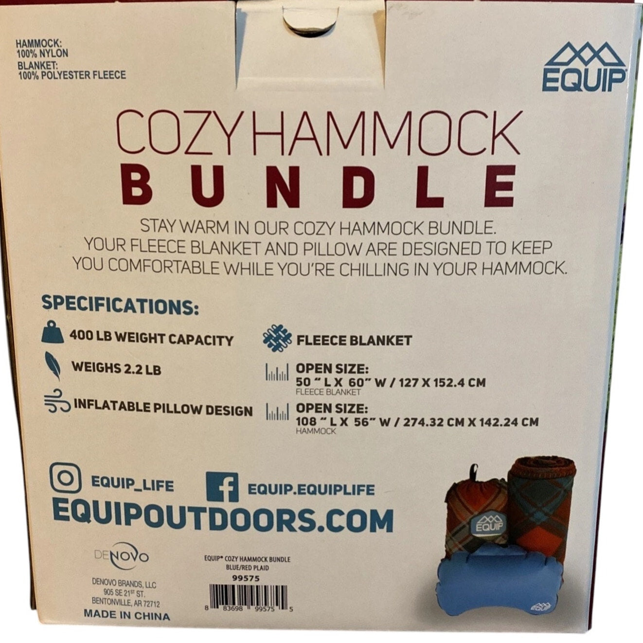 Equip Hammock Bundle – 1 Person Nylon Hammock + Fleece Blanket + Pillow 108x56"