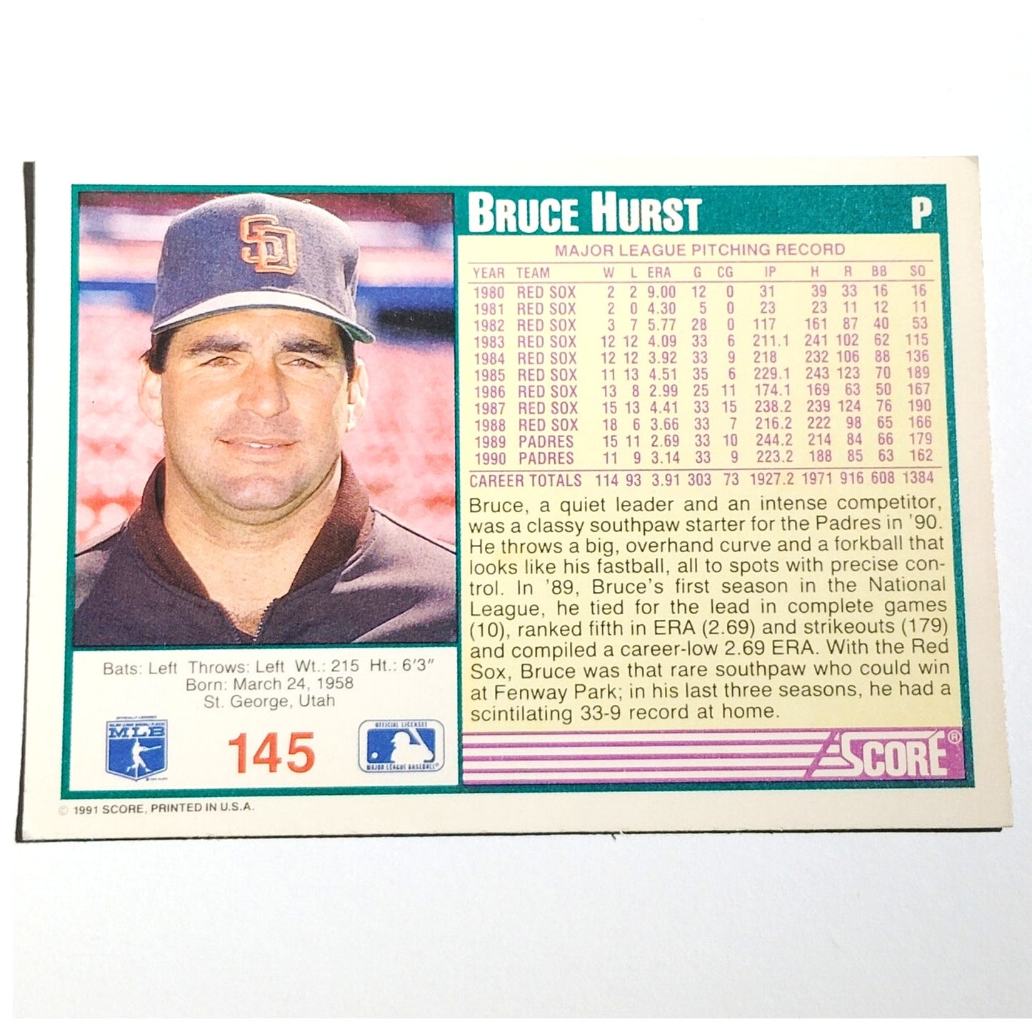 1991 Score Bruce Hurst #145 San Diego Padres Pitcher MLB Baseball Card NM