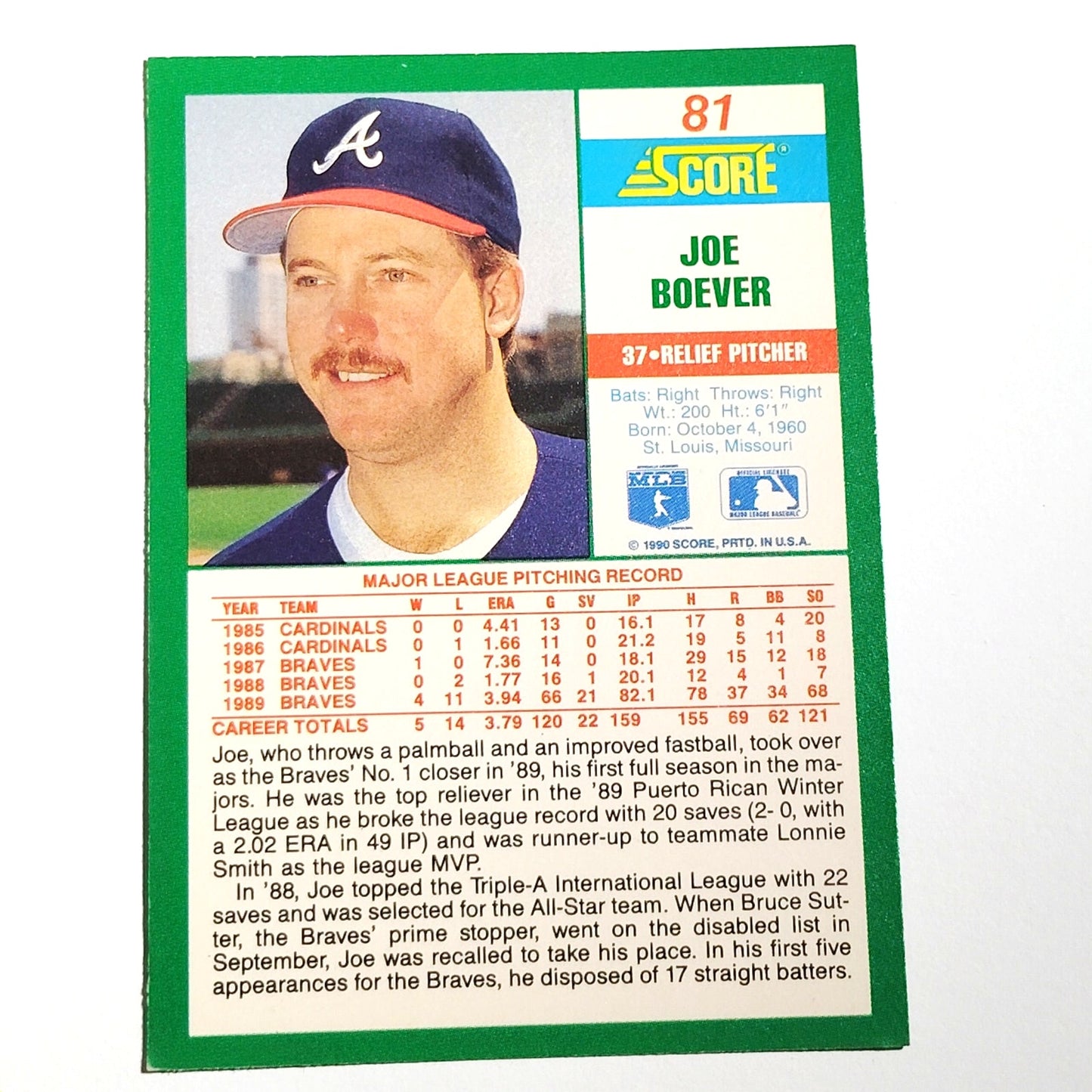 1990 Score Joe Boever Card No. 81 Atlanta Braves RP VG/EX