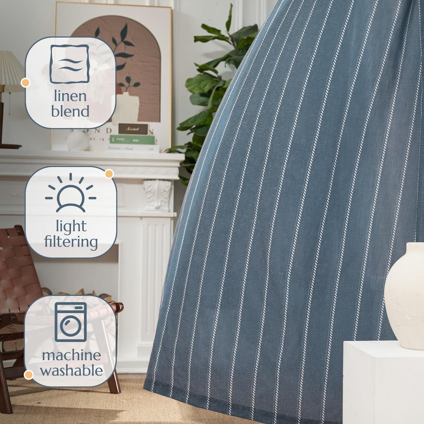 Linen Curtains 50"W x 84"L Blue Sailor Striped Panels (2) Rustic Farmhouse