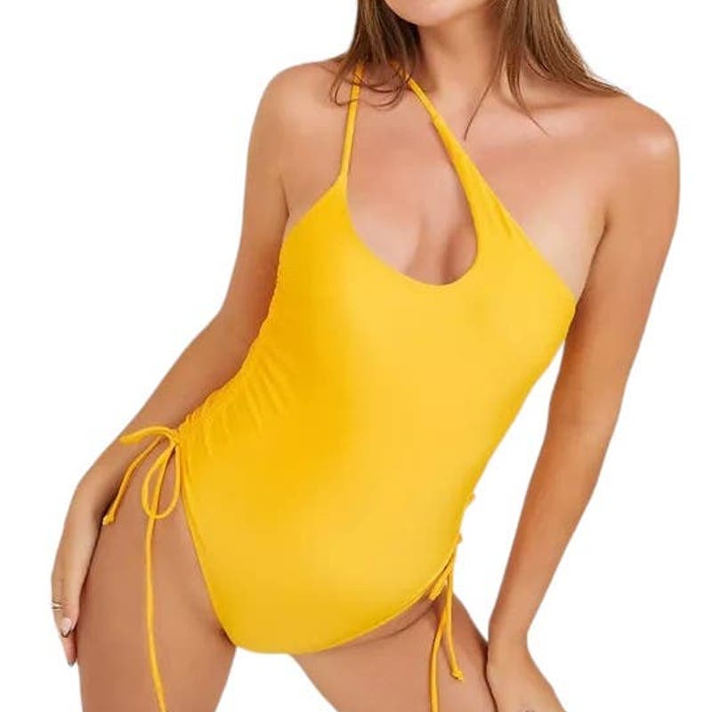 Brazilian One Shoulder Tummy Control Ruched Swimsuit, High Cut, Yellow, Medium