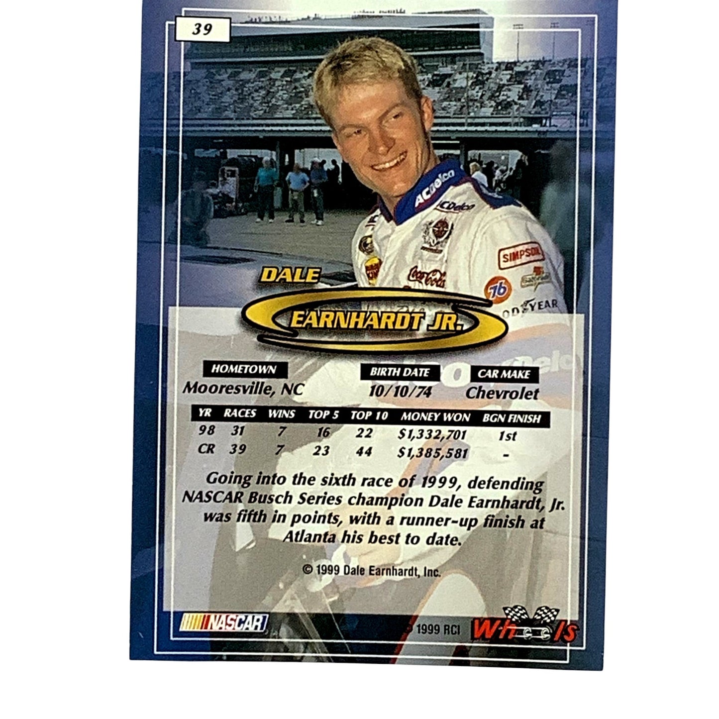 Dale Earnhardt Jr., AC Delco, Card 39 1999 Wheels NASCAR Winston Cup, NM+