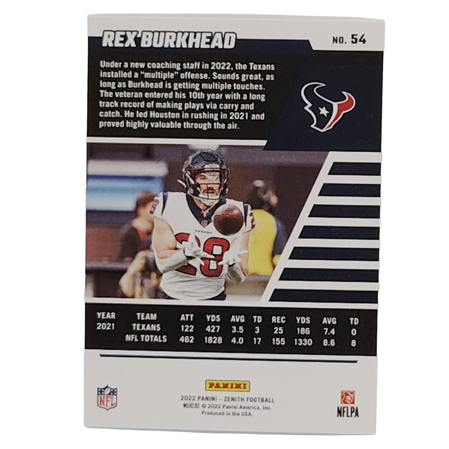 Rex Burkhead, Houston Texans, NFL 2022 Panini-Zenith Card 54, EX/NM