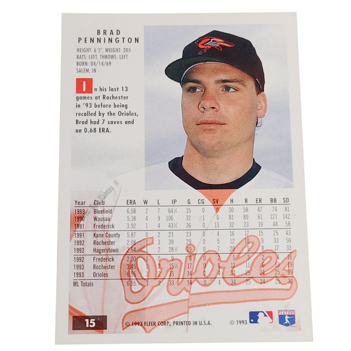 Brad Pennington, Baltimore Orioles, #15, 1994 Fleer Baseball Collector's Card
