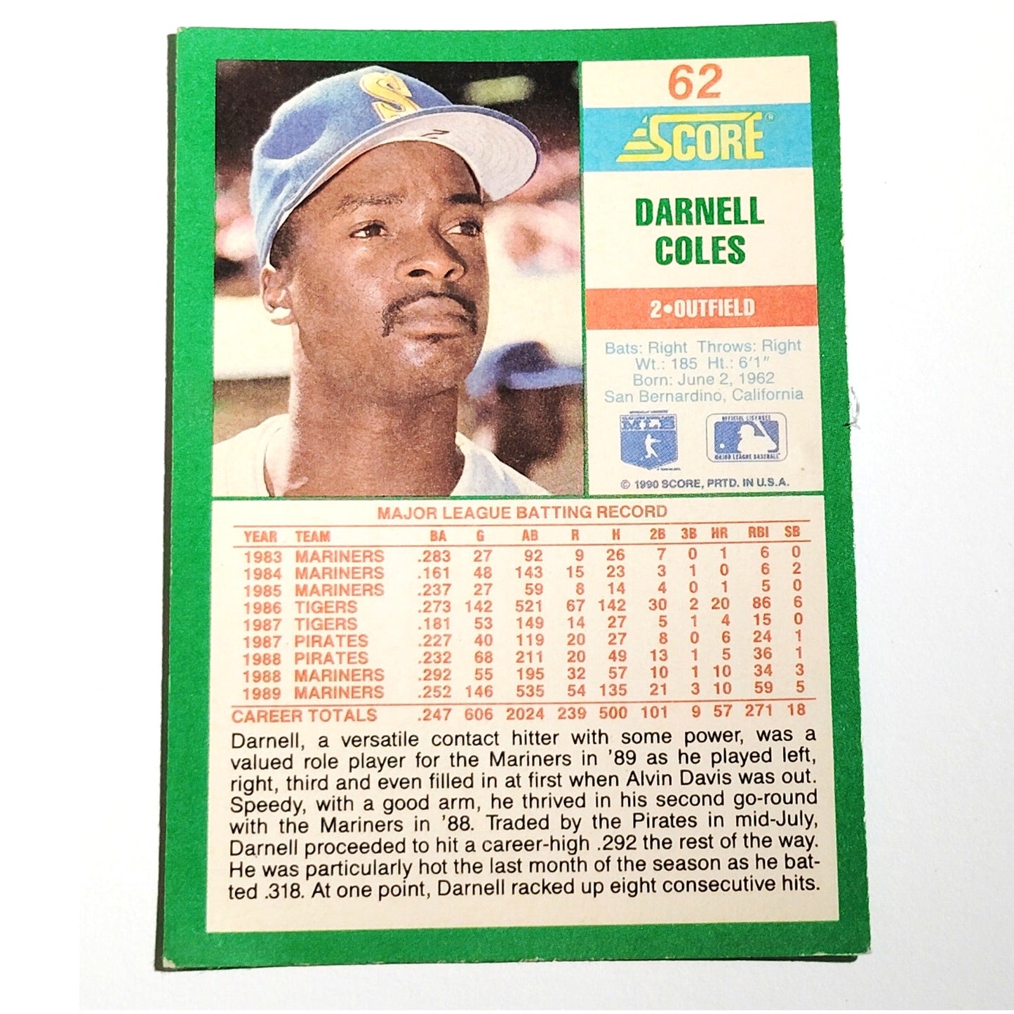 1990 Score Darnell Coles Card No. 62 Seattle Mariners 3B VG/EX