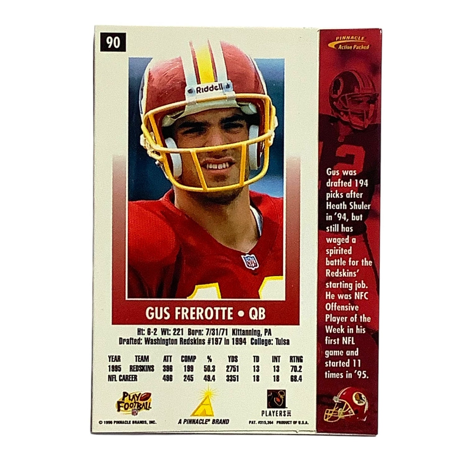 Gus Frerotte, Washington, NFL, Pinnacle 1996, Card 90, EX/NM