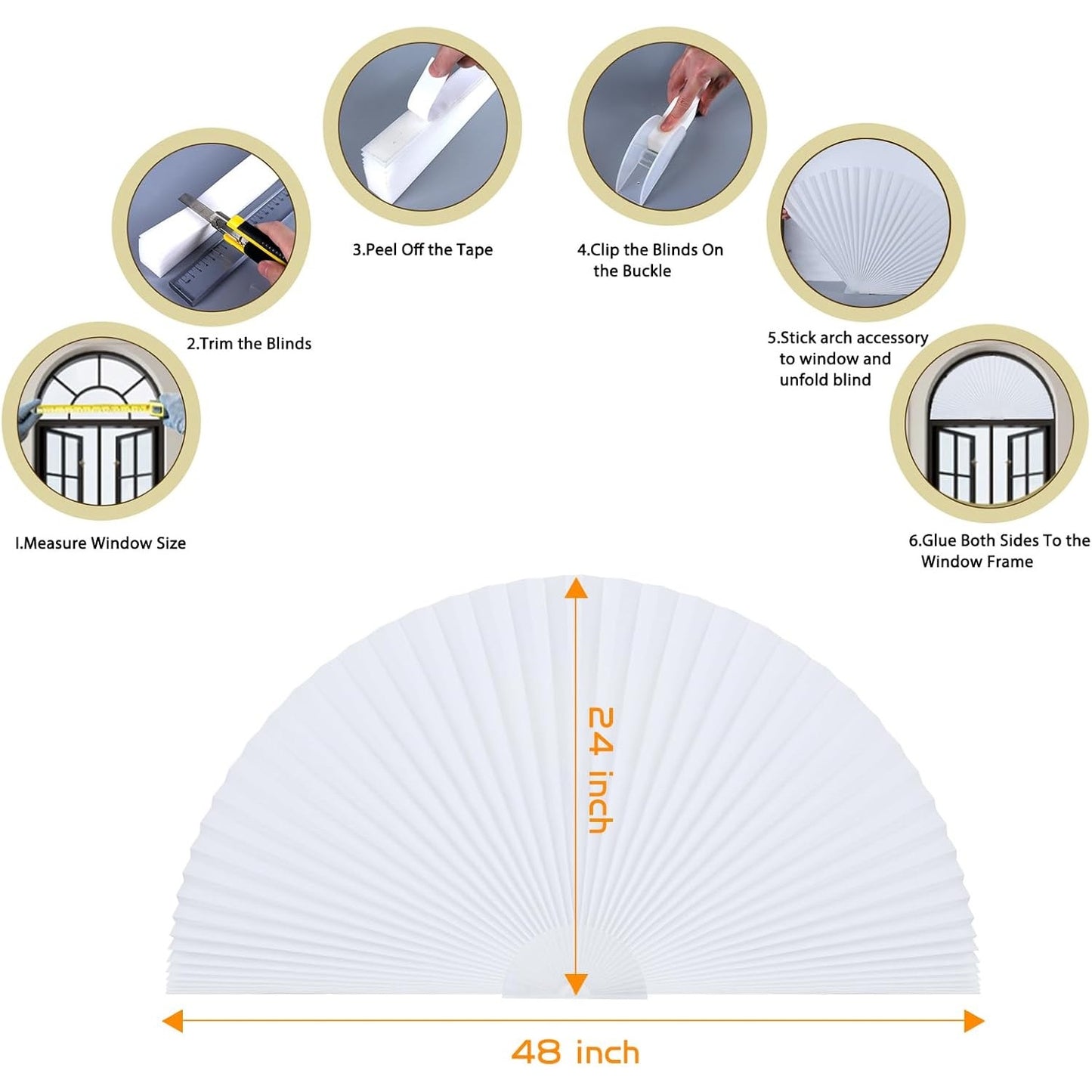 2 Pcs 48x24 Arch Window Shade Half Circle Pleated Blinds Light Filtering