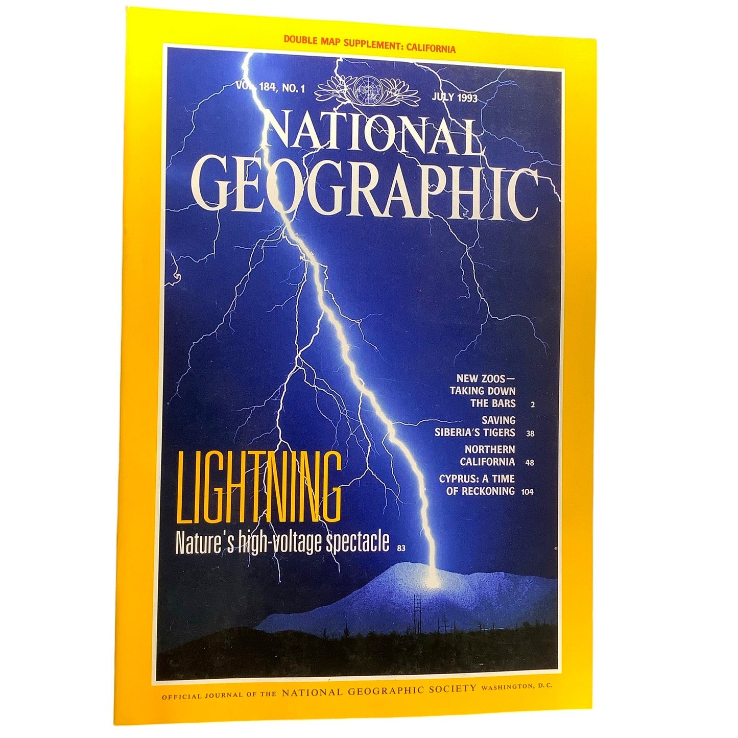National Geographic July 1993 - Zoo's Taking Down the Bars, Cyprus Reckoning, Lightning, California's North Face, Saving Siberia's Tigers...