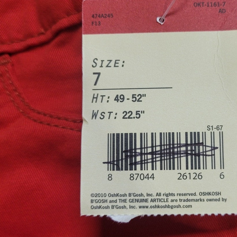 OshKosh Girls Jeans, Red, Size 7, Height 49"-52", Waist 22-1/2", NWT
