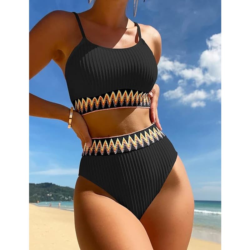 Zuvebamyo High Waisted 2-Piece Ribbed Bikini Set Crop Top High Cut Cheeky, Small