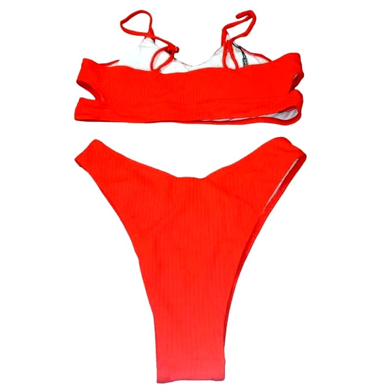 ZAFUL Cutout Bikini Scoop Neck Ribbed High Cut Bikini Sets Two Piece Red, M (6)