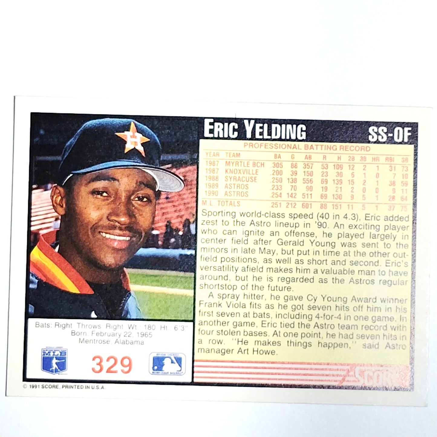 1991 Score Eric Yelding Card #329 Houston Astros SS VG/EX