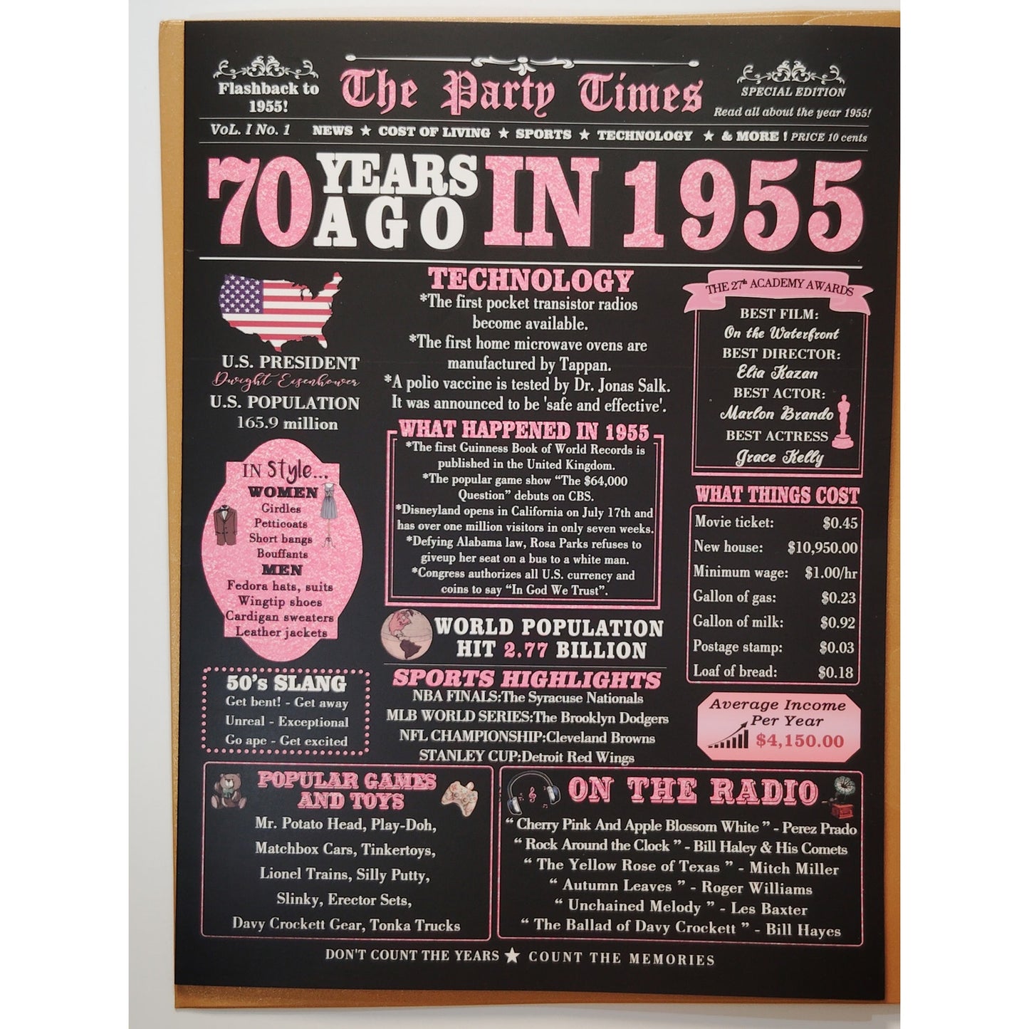 70th Birthday Card with Envelope – Back in 1955 – 8" x 11" – Vintage Style