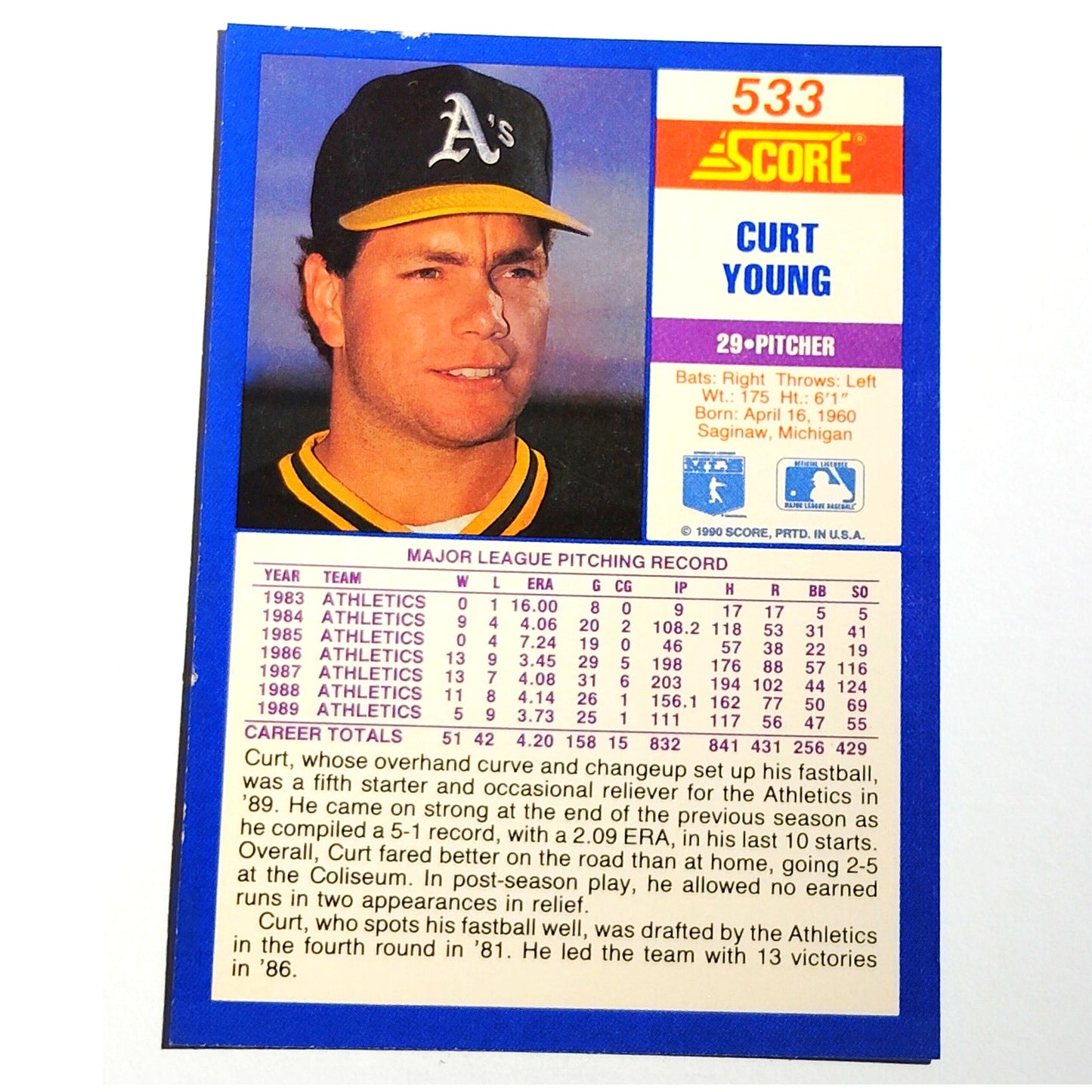 1990 Score Curt Young #533 Oakland Athletics Pitcher MLB Baseball EX