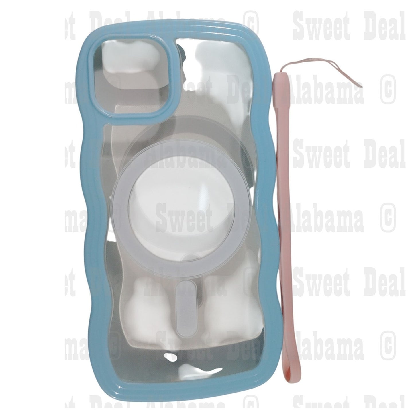 Skyseaco For iPhone 14 (6.1") Case, Clear w/ Blue, Pink Wrist Strap, Trim Case