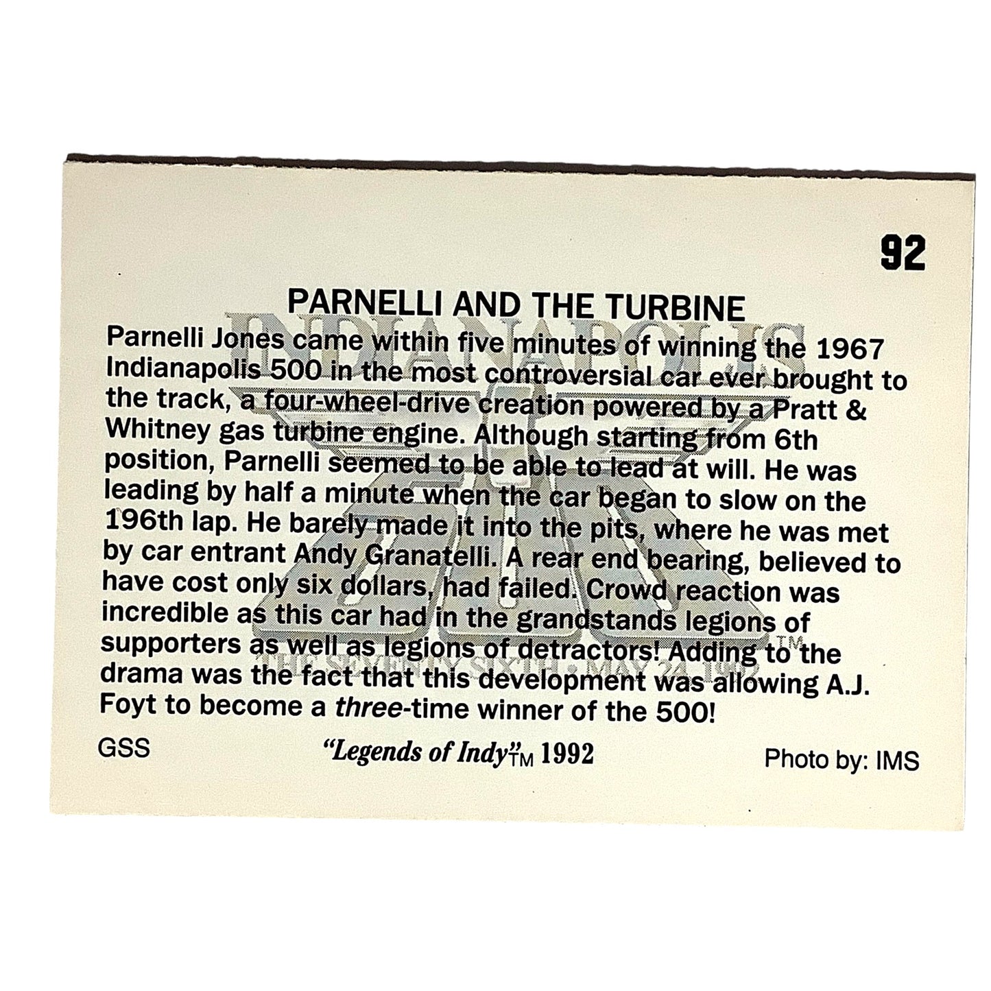 1967 Parnelli and the Turbine, Indy 500, '67 Action, 1992 Legends of Indy, #92