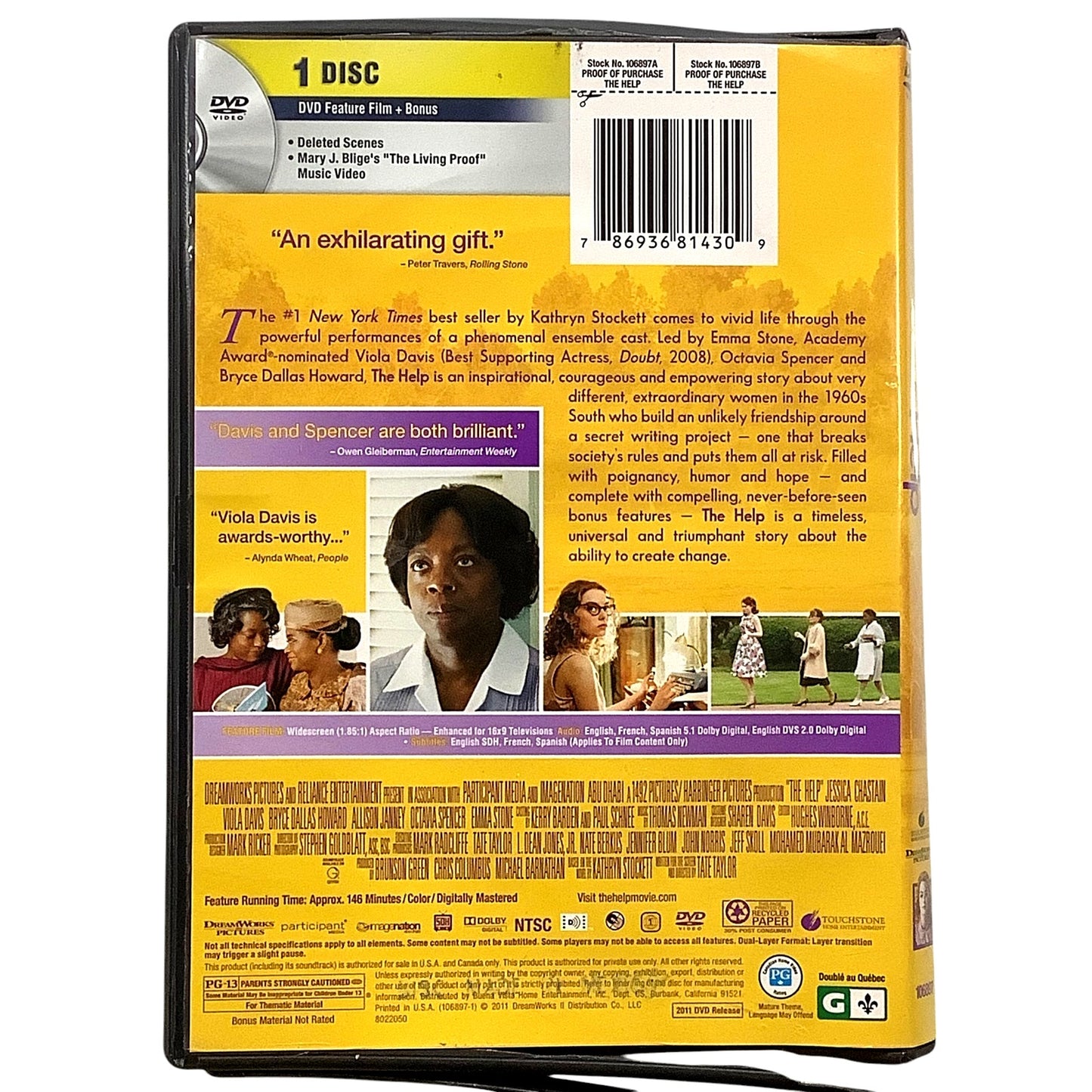 The Help (2011 DVD) 146 Minute Drama, Rated PG-13, Based on the Book "The Help"